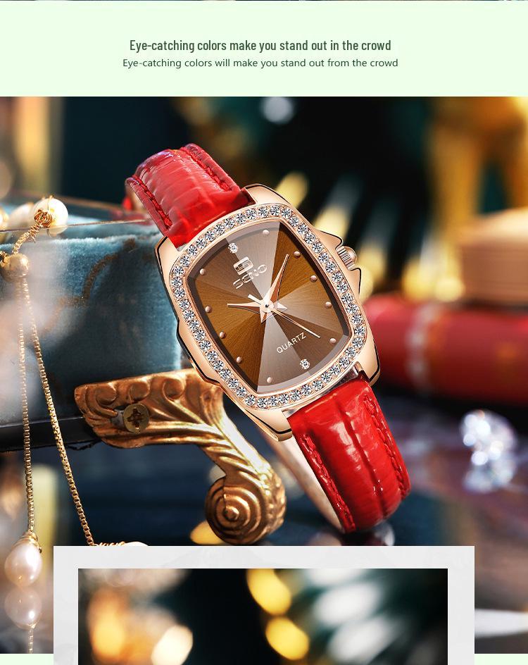 Женские часы SENO Retro Square Diamond с кожаным ремешком - Простой дизайн с кварцевым механизмом и бриллиантами.