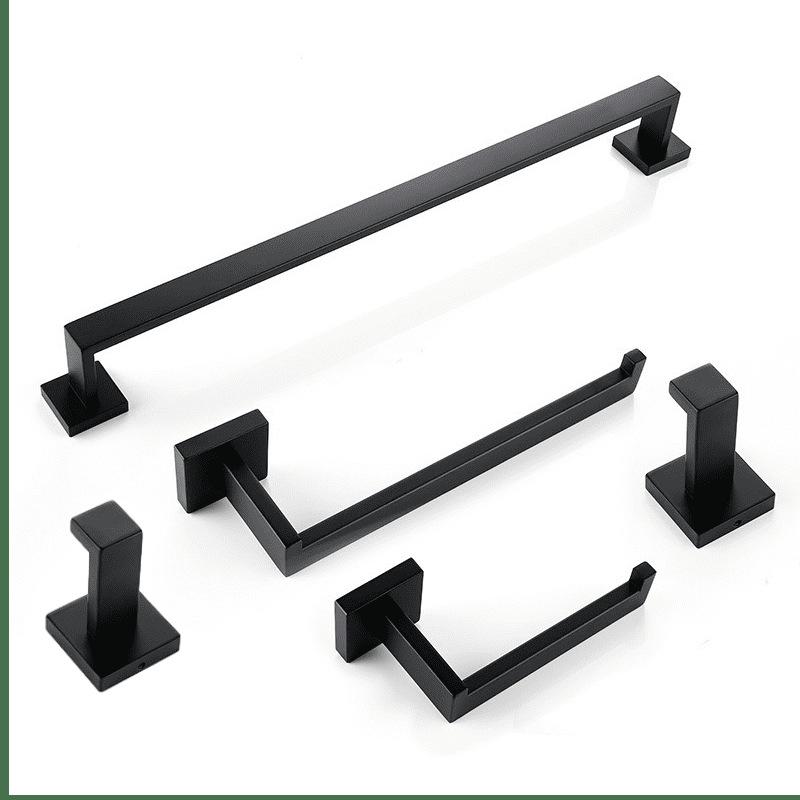 Black Bathroom Hardware Set: Towel Bar, Toilet Paper Holder, Towel Ring, Coat Hook, Storage Rack