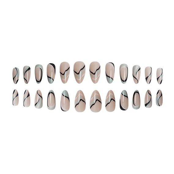 Artifical Nail Extension Almond Shape with Blue and White Geomatric Lines 24 Pieces Set with Kit