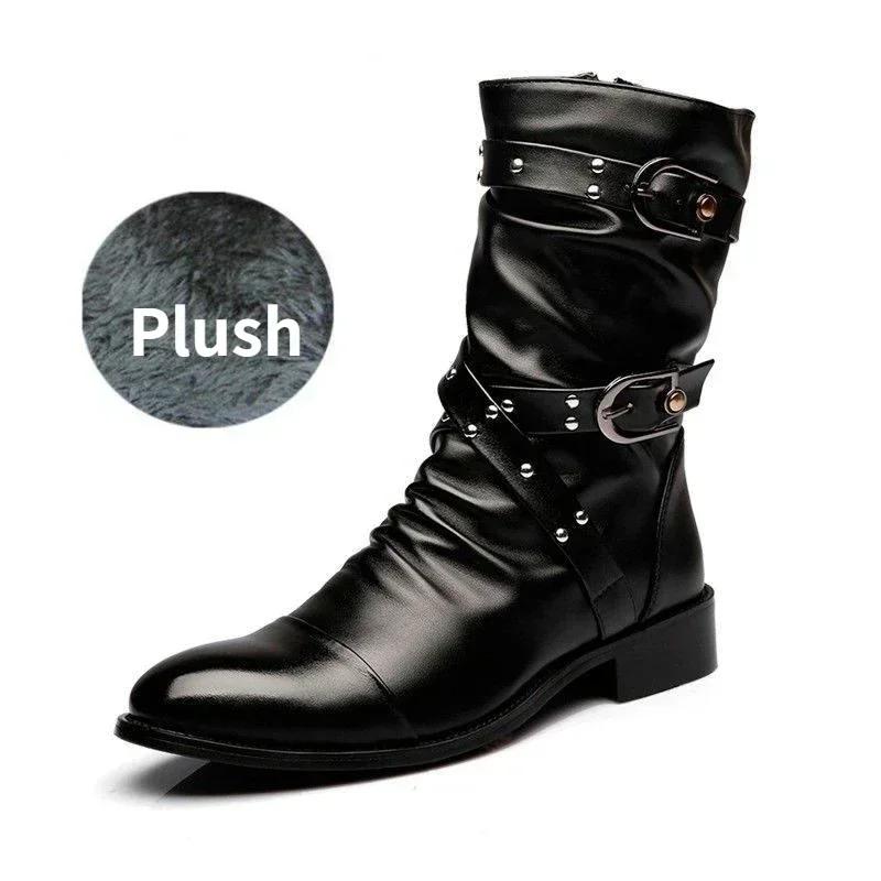 Мужские кожаные ботинки с заклепками, качественные мотоциклетные ботинки, черные панк-роковые туфли, мужские высокие ботинки, мужская обувь до середины икры, размер 37--45