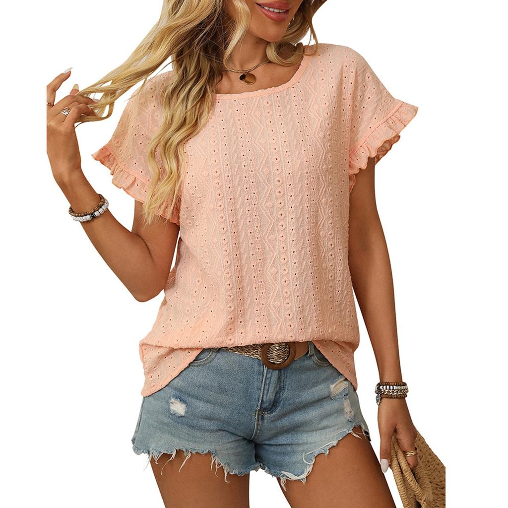 Женская модная свободная однотонная футболка с круглым вырезом и короткими рукавами, ажурный топ