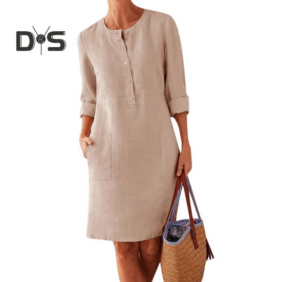 Осень-весна женское платье с круглым вырезом, однотонные пуговицы, свободное платье с длинными рукавами и накладным карманом длиной до колена, повседневное повседневное платье