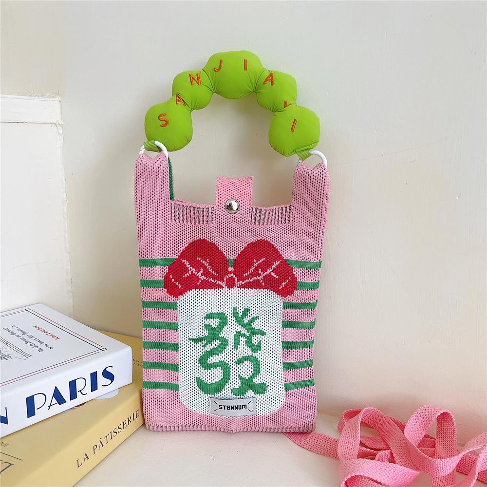 Knitted Mobile Phone Bag For Women In Spring And Autumn Cute Cartoon Versatile One Shoulder Diagonal Cross Bag Travel Coin Purse Small Handbag