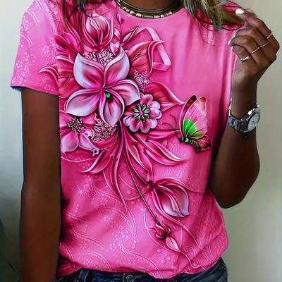 Женская футболка с принтом цветов и бабочек, летняя НОВАЯ футболка большого размера, популярная одежда, женская одежда, футболка с коротким рукавом