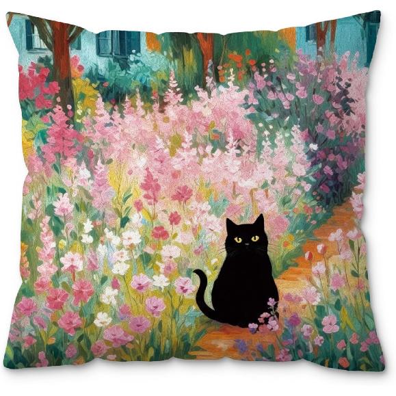 Boho Abstract Floral Black Cat Pillow Covers 18x18, Black Cat Gifts for Women, Cats Mom Lady Grandma Gifts, Whimsical Wildflower Kitten Decorative