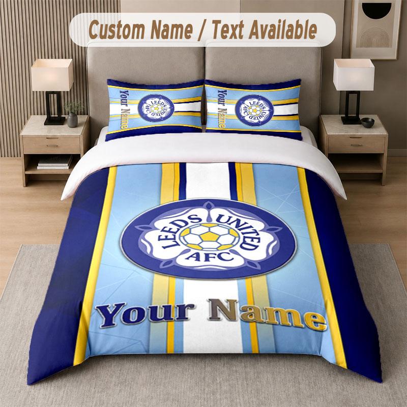Custom Bedding Set Leeds United Pattern, Print Name Text 1 Duvet Cover plus 2 Pillowcases Home Textile