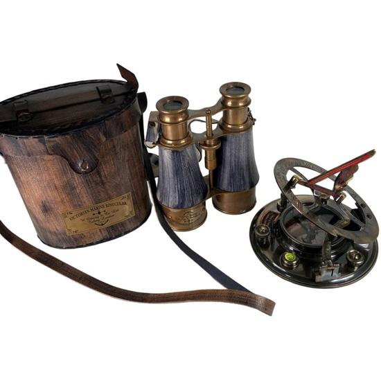 Викторианский морской латунный серый кожаный бинокль с солнечными часами Гилберта Сыновья, компасом, навигационным домашним декором и декором стола