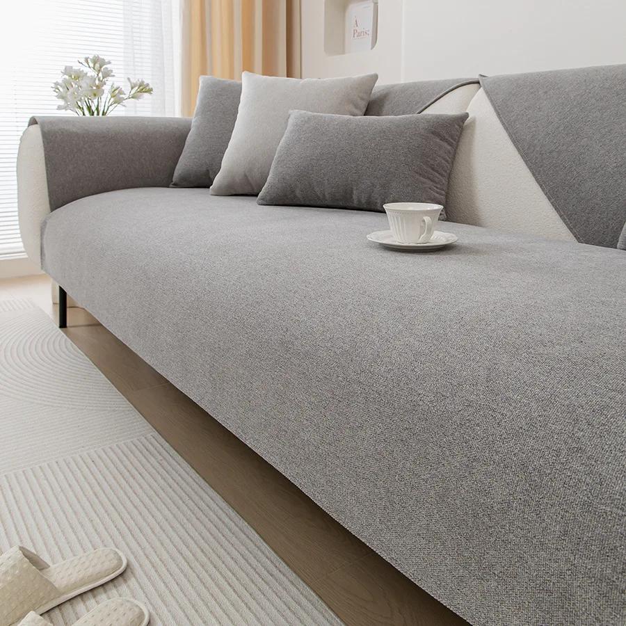 Однотонная подушка из хлопка и льна, чехол для дивана, гостиная, спинка дивана, полотенце, универсальный для всех сезонов, утолщенный нескользящий коврик для дивана