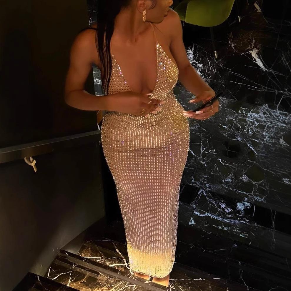 European and American new fashion new summer sexy temperament party hollow hot diamond perspective suspender evening dress dress