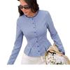 Women S Sweet Plaid Long Sleeve Shirt Lace Trim Fitted Short Blouse