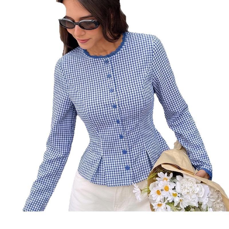 Women S Sweet Plaid Long Sleeve Shirt Lace Trim Fitted Short Blouse