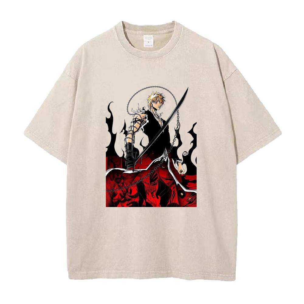Kurosaki Ichigo BLEACH Clothing Men Women Short Sleeve Manga Tshirts Vintage Washed T Shirt Casual Cotton Tee Harajuku Tshirt