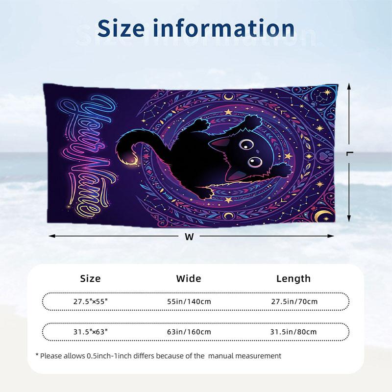 Cosmic Cat Dreams Theme Quick Dry Beach Towel Custom Name Text Print Large Sand Resistant Towel Beach Vacation
