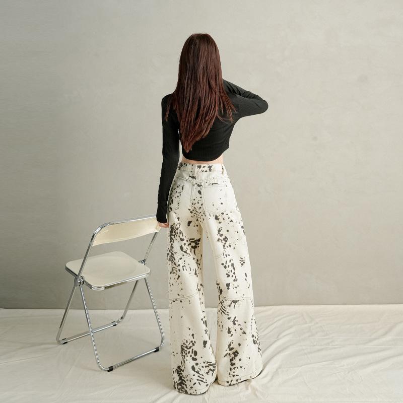 Leopard print high waist wide leg jeans women's autumn new loose and thin versatile floor long pants