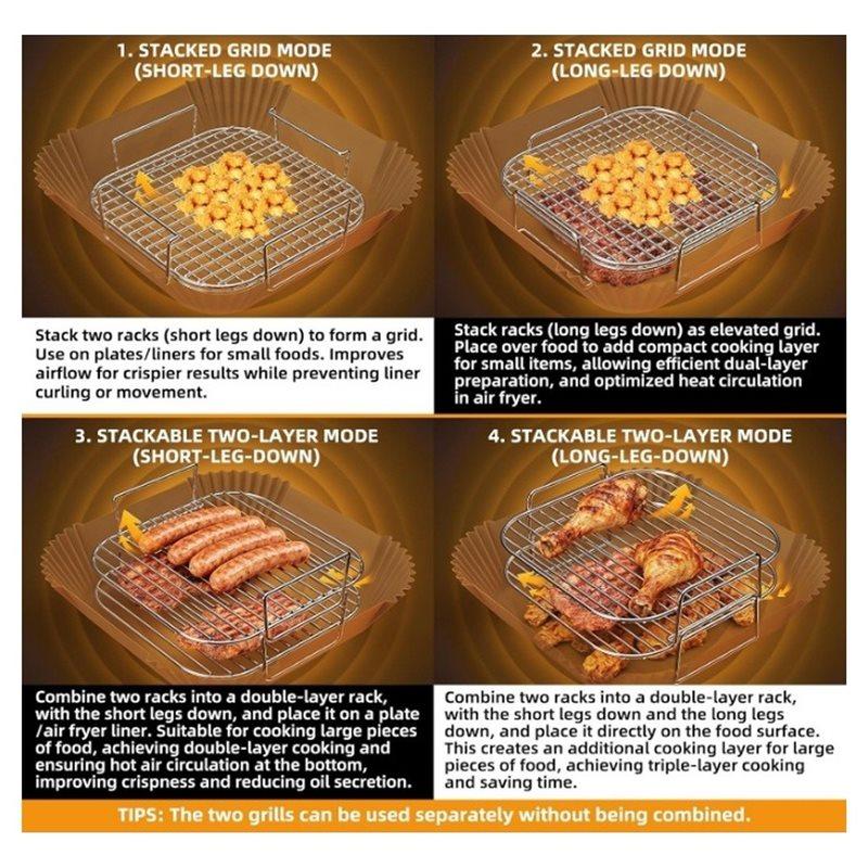 J1UL1N Accessories For Air Fryer- Stainless Steel Grilled Rack Square 8" 2Pcs Stackable Baskets Works For Ninja/Cosori/Chefman