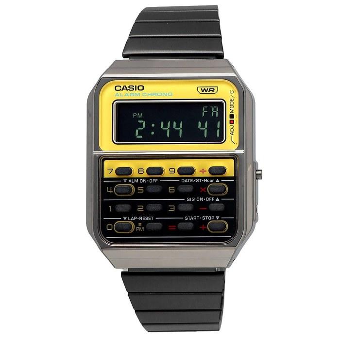 Casio CA-500WEGG-9B Наследие Цифровые часы, 8-значный калькулятор, Металлический ремешок, Оружейный металл x Желтый