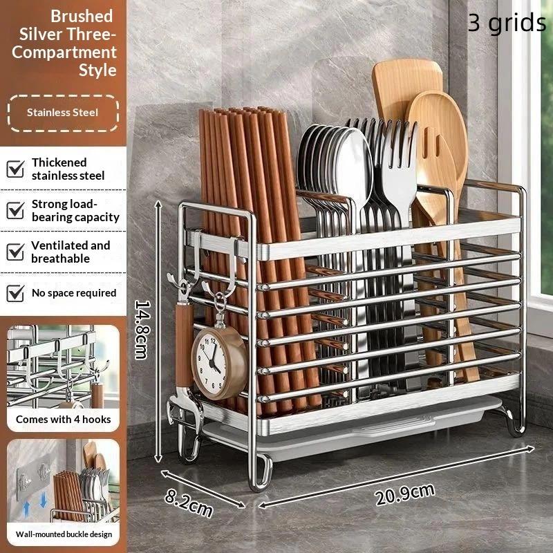 No-Drill Kitchen Cutlery Holder Wall Mounted Stainless Steel Space-Saving Sturdy Utensil Organizer for Apartment Rental