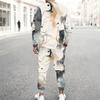 Men Plus Size White Printed Two Piece Set Round Neck Long Sleeve Top Cuffed Pants