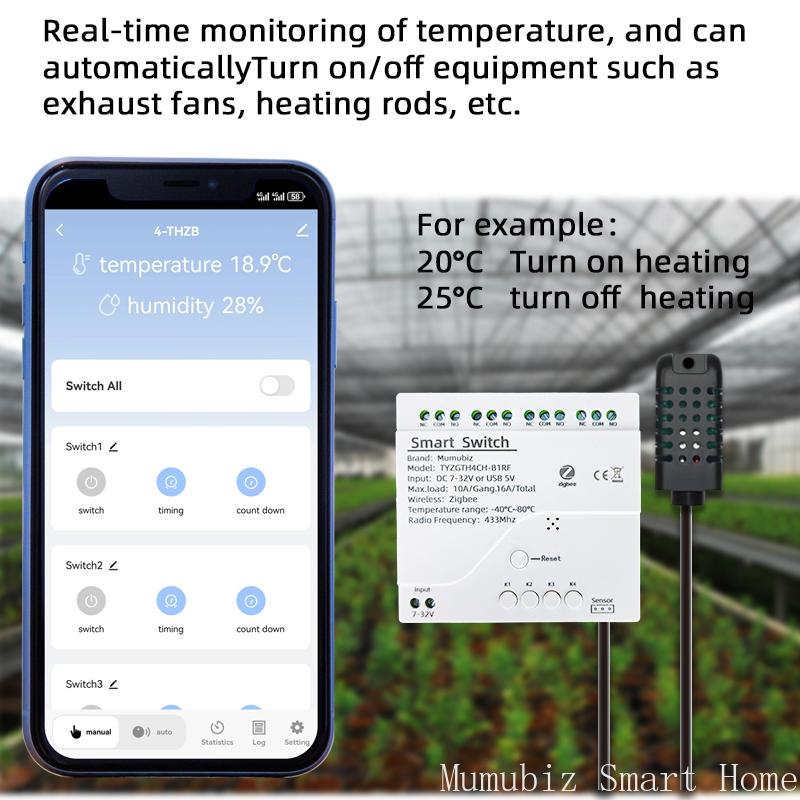 Tuya Smart TH10 Zigbee 4-канальный переключатель с датчиком температуры и влажности Пассивный сухой контакт Zigbee реле Работает с Alexa