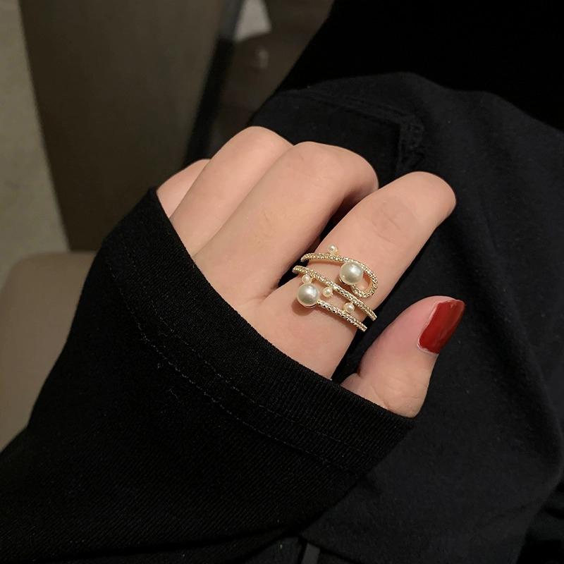Корейское кольцо Имитация жемчуга Крылья Циркон Открытые кольца Изысканное геометрическое кольцо на палец Женские Модные Темпераментные Универсальные украшения
