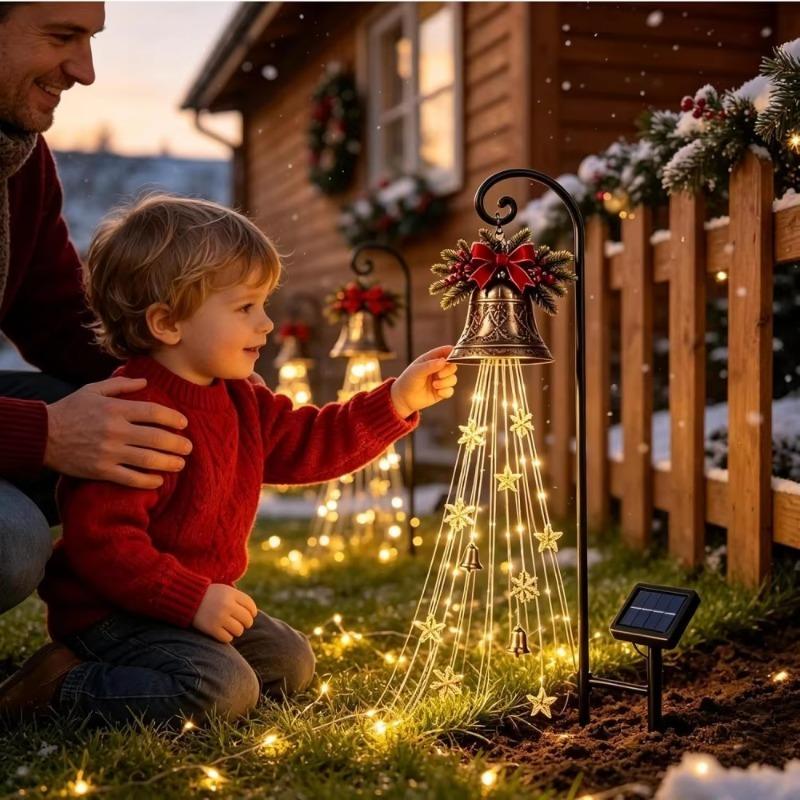Christmas Bell Cascade Solar Yard Light, Iron Art LED Lamp, Weatherproof Metal Stake Light for Garden Patio Lawn Holiday Xmas Outdoor Decor