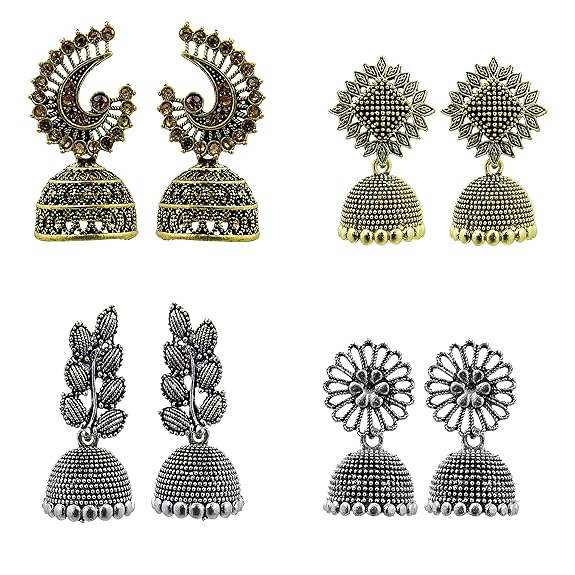 Модное новейшее традиционное окисленное серебро и антикварное золотое металлическое основание болтается и падает (КОМБО из 4) Серьги Джумки для женщин и девочек