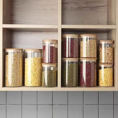 Стеклянные банки для хранения продуктов с деревянной крышкой, кухонные бутылки-органайзеры, герметичные для чая, кофе, сахара, диспенсер для круп