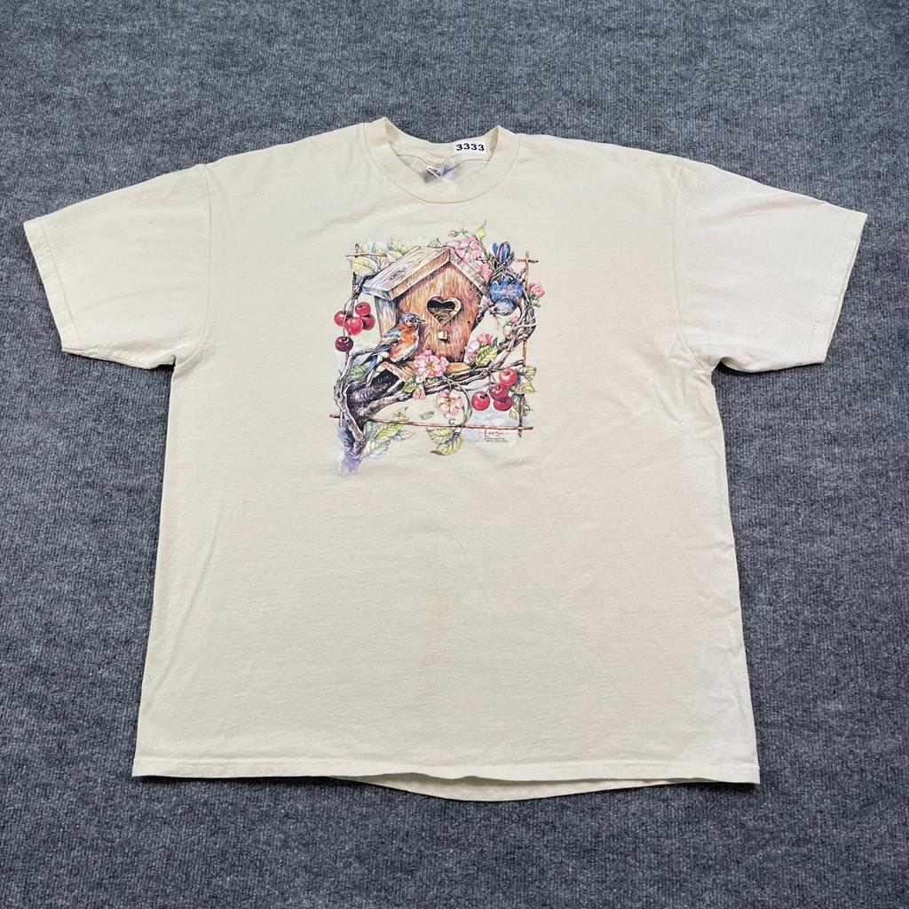 Vintage 90s Leesa-Whitten Bluebird Nest Cherry Art Shirt XL 25x28 Beige