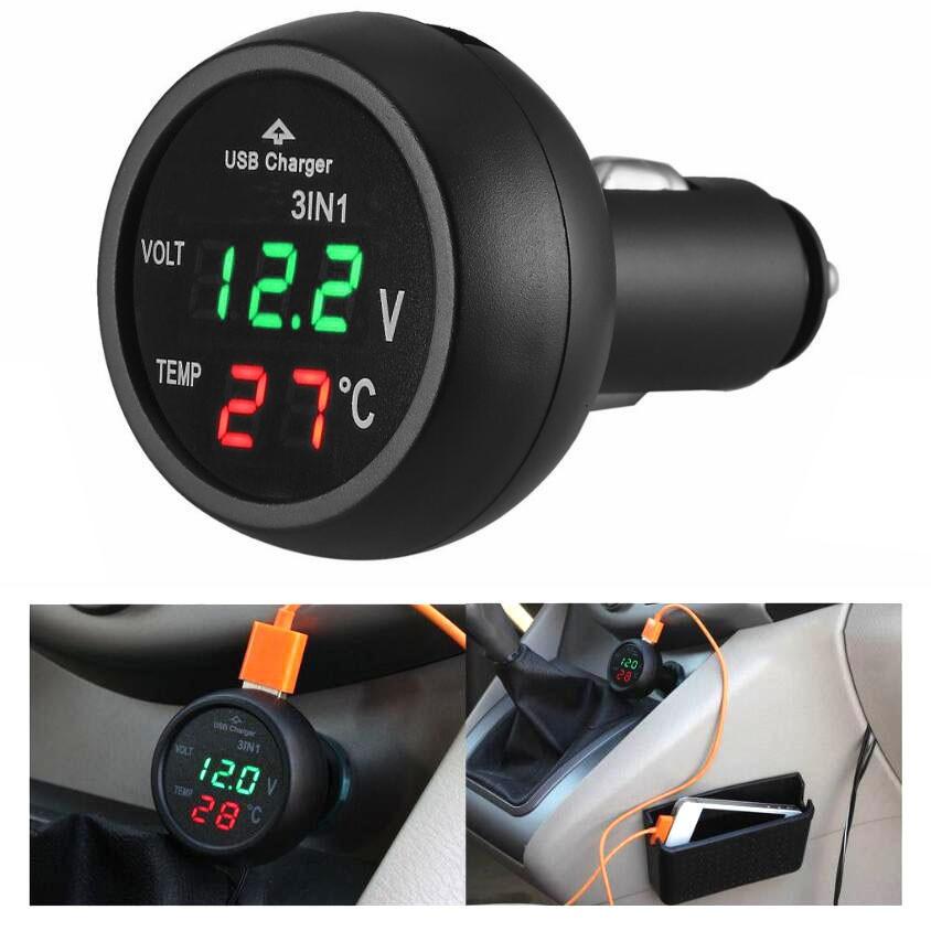 12V 24V LED 3 in 1 Car Volt Meter Car Cigarette Ligter Digital Voltmeter Gauge Thermometer USB Charger Voltage Meter Universal