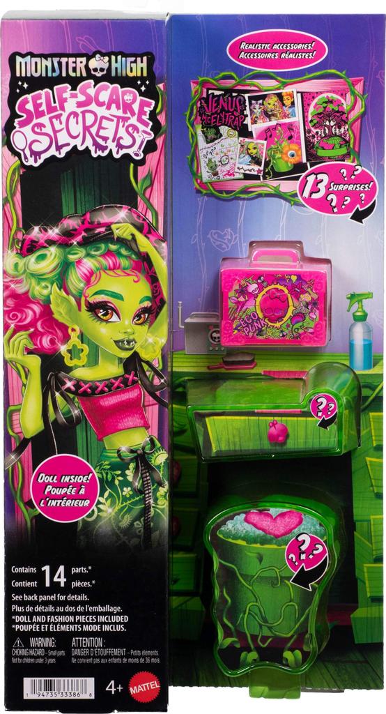 Monster High Secrets Venus McFlytrap Doll and Accessory Set with 13 Realistic Surprises Including Hair Care a and Plants Self-Scare Products, Bonnet,