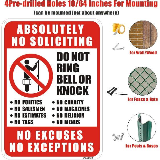 2PC No Soliciting Sign, No Excuses, No Exceptions Do Not Ring Bell Or Knock Sign, 7" x 10" - Aluminum, Funny Door Decoration for Home, Office, Yard,
