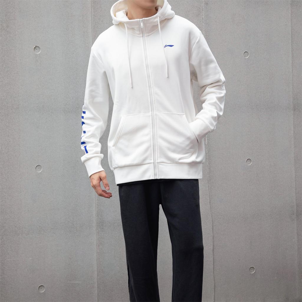 Толстовка мужская с капюшоном и застежкой-молнией из флиса с принтом логотипа Li Ning, цвет белый YWDT307-1
