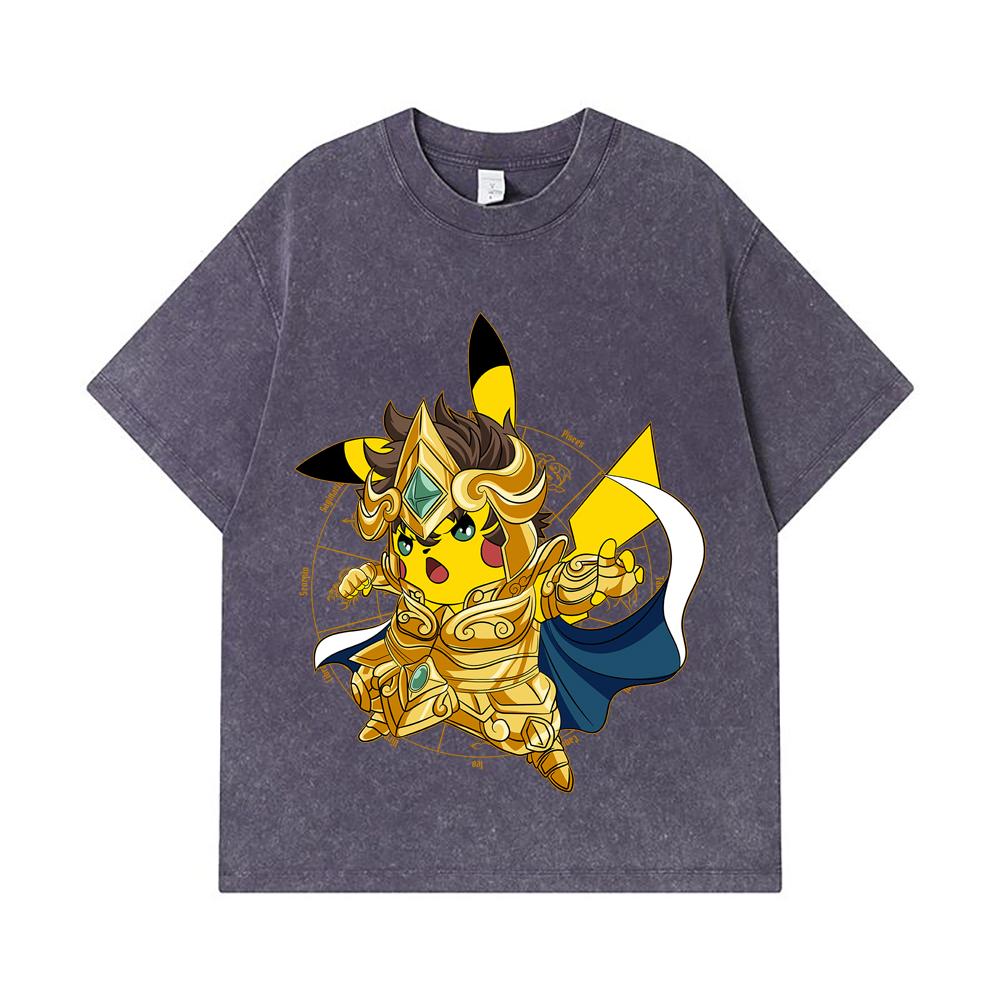 275 GSM Washed T-shirts 100% Cotton Pokemon V25 Pikachu Leo Print Unisex Heavy Cotton T Shirt