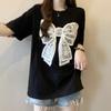 32 Double Yarn 2025 Summer Embroidered Beads Bow Short-sleeved T-shirt Women's Loose