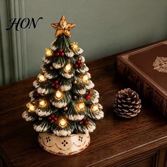 Resin Tabletop Decor Lighted Christmas Tree Decoration, Xmas with Warm LED Gifts for Family Lights, Battery Operated Holiday Figurine Indoor
