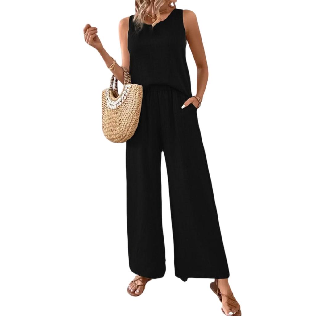 Женский свободный повседневный летний комплект без рукавов с однотонным кружевом и ажурной спинкой