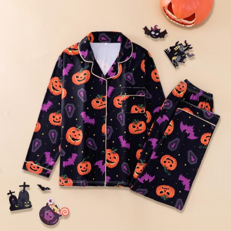 Womens Halloween Pajama Set Long Sleeve Pants Lapel Loose Loungewear Winter