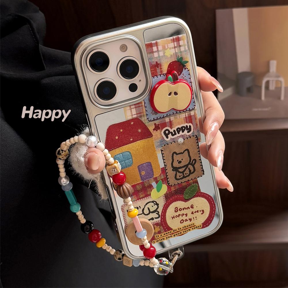 3D Красное Яблоко Мультяшный Чехол для IPhone 16, 17 Pro Max, Зеркальная Отделка, Чехол для Телефона с Декорацией в Виде Цепочки