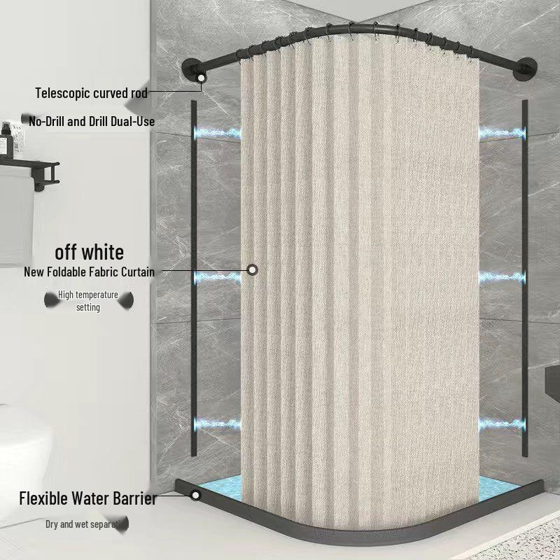 Magnetic No-Drill Waterproof Foldable Shower Curtain for Dry-Wet Separation