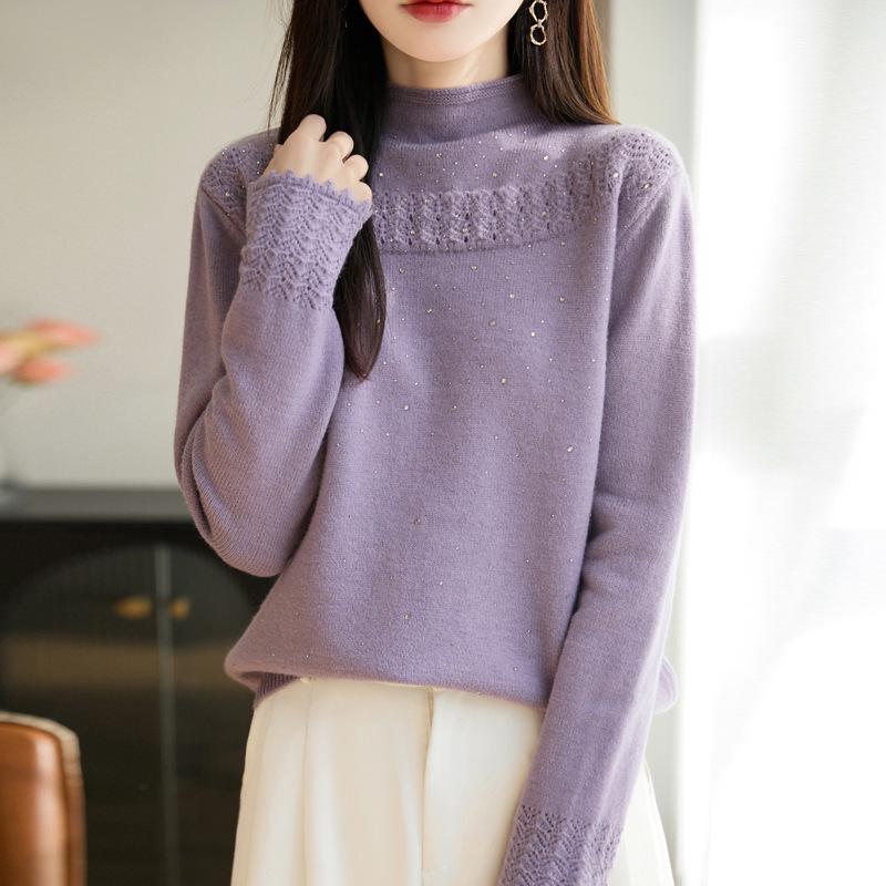 Women's Elegant Rhinestone Jacquard Knit Sweater - Half High Neck, Warm and Stylish.