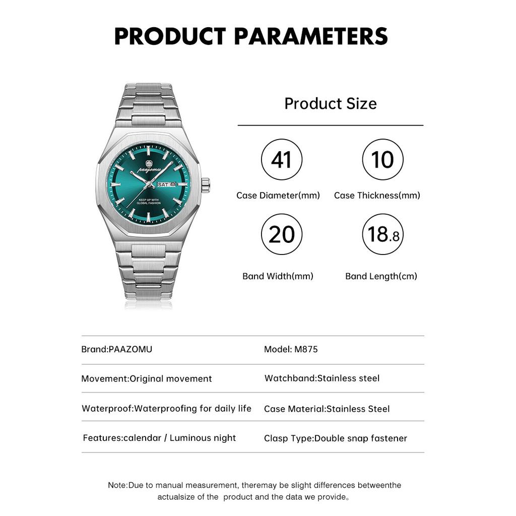 Mens Luxury Watches Octagonal Stainless Steel Analog Quartz Watch with Day Date, Waterproof Luminous Casual Watch