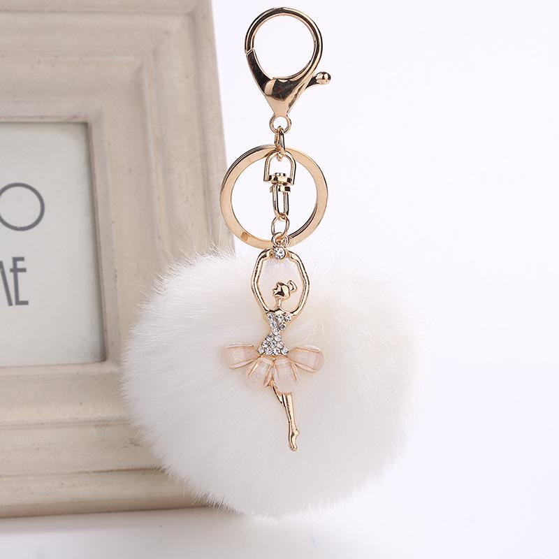 Ballet Dancing Girl Keyring Cute Fluffy Pompom Rhinestone Car Handbag Motorcycle Pendant Accessorie Keychain Retail Wholesale