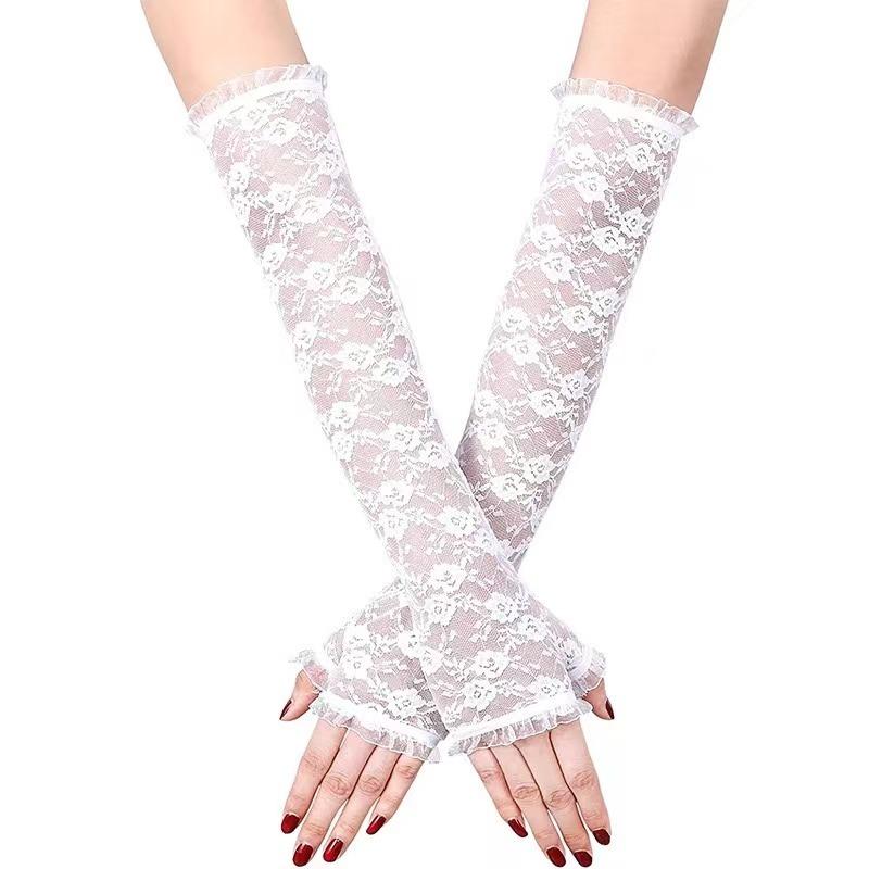 Длинные кружевные перчатки без пальцев с открытыми краями, солнцезащитные рукава, сетчатые кружевные тонкие велосипедные сексуальные аксессуары, черные перчатки с открытыми пальцами