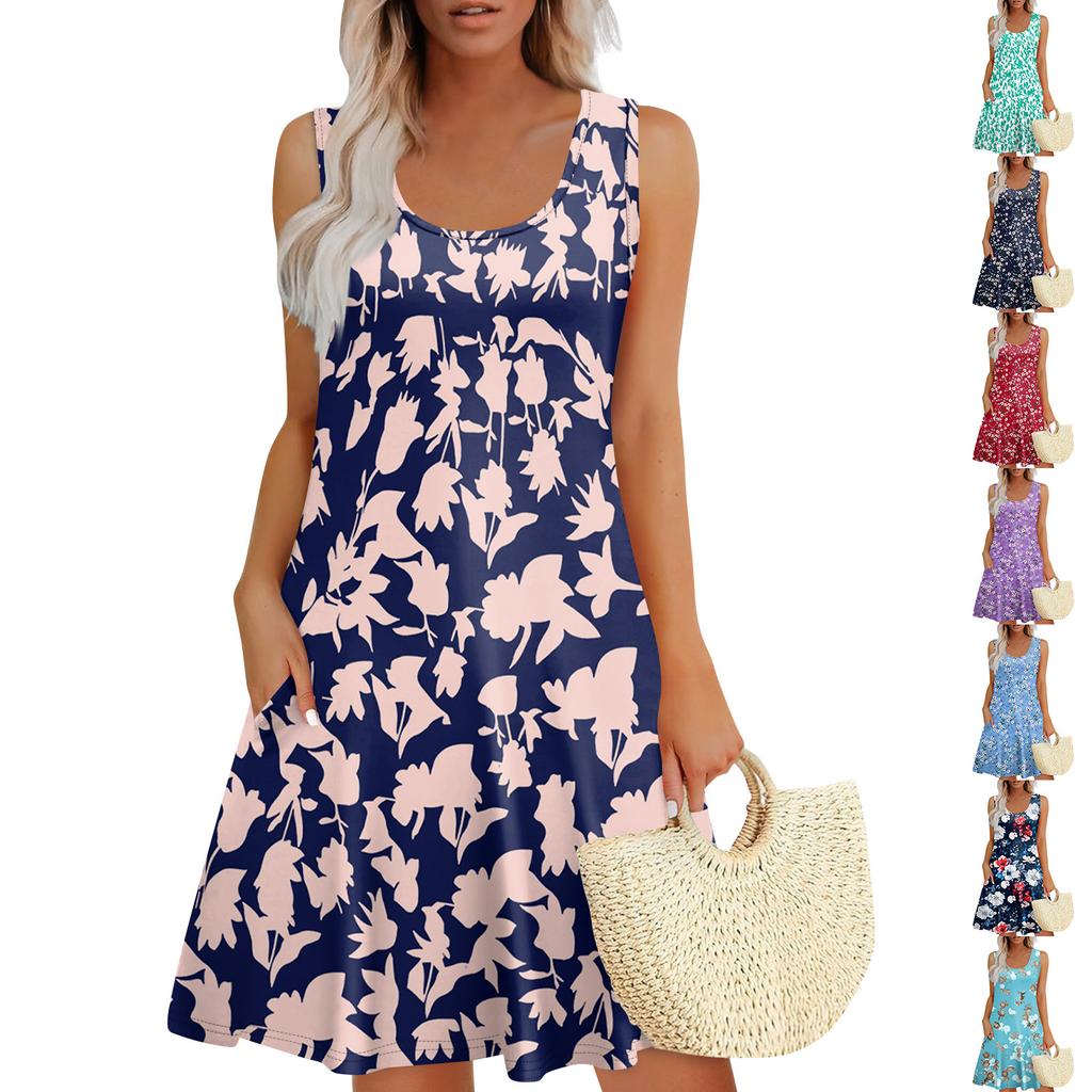 Women's Summer Casual U-shaped Tie Pocket Popular Floral Print Dress