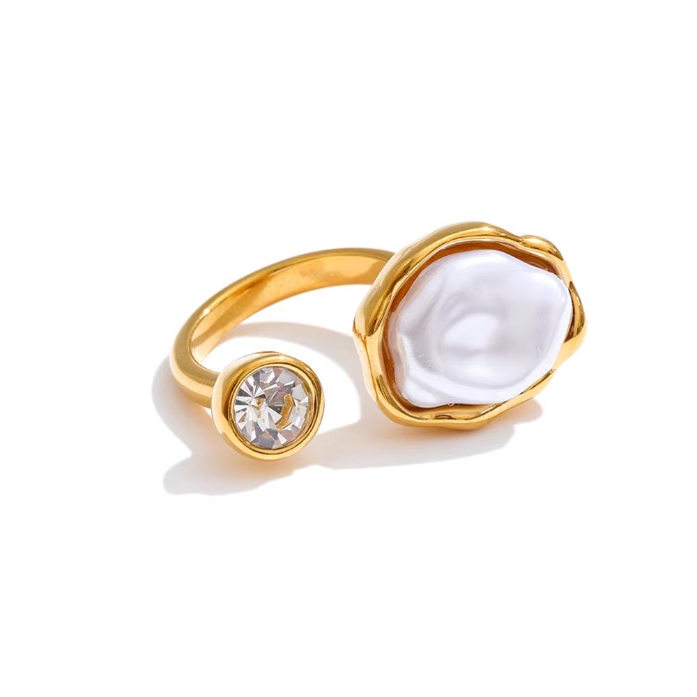 Yhpup Stainless Steel Baroque Simulated Pearls Zircon Adjustable Ring 18K Gold Color PVD Plated Exclusive Chic Fashion Jewelry