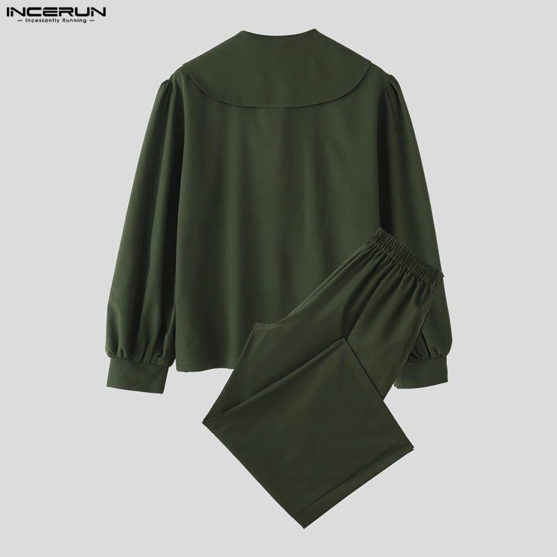 INCERUN Мужские костюмы оверсайз с морским воротником, рубашки с длинным рукавом, длинные брюки, повседневные двойки