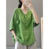 Womens Cotton and Linen T-shirt Solid Color Short Sleeved Pocket Top Summer