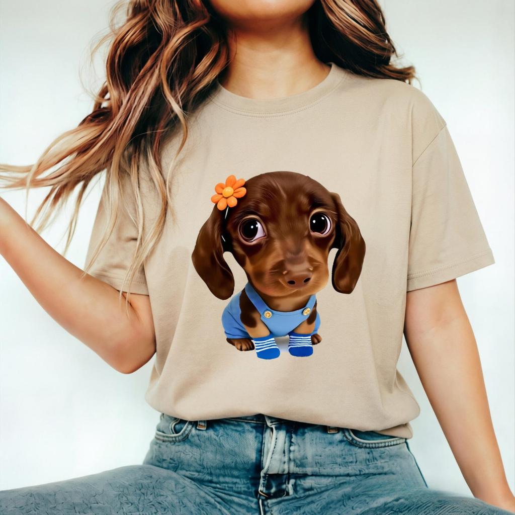 Ugly-Cute Cartoon Puppy with Small Yellow Flower, Vintage Tee, 230g 100% Cotton Crewneck Short Sleeve, Gift for Dog Mom