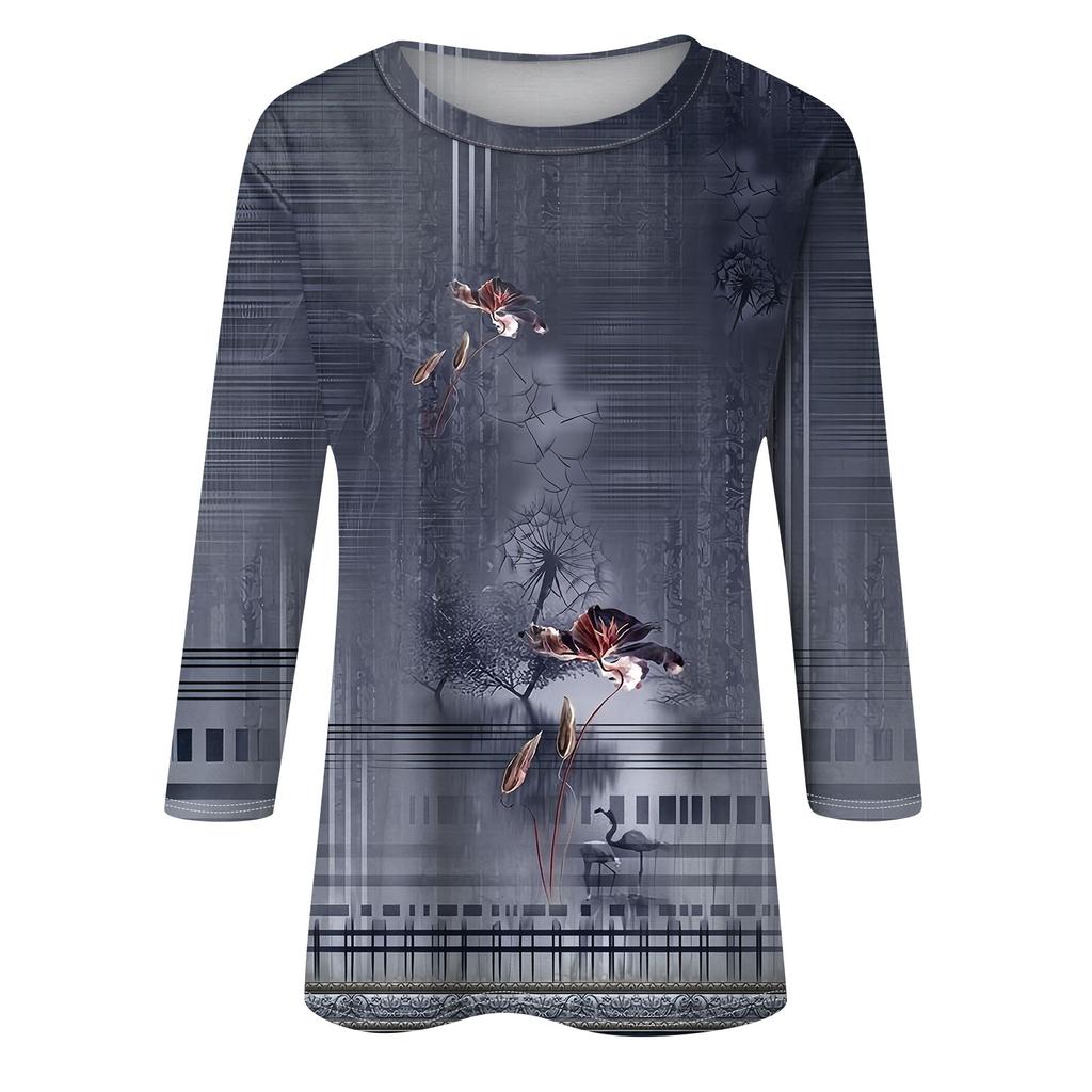 Женская мода, свободная рубашка с круглым вырезом и рукавом семь четвертей, винтажная повседневная футболка с цветочным принтом, топ