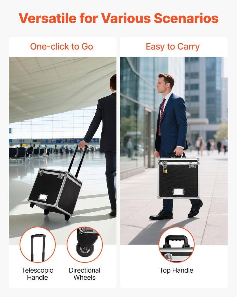 Portable File Storage Box, 395 x 320 x 380 mm Internal Chest Size, Locking Mobile Business Case with Telescopic Handle, Hand pull File Case for Office